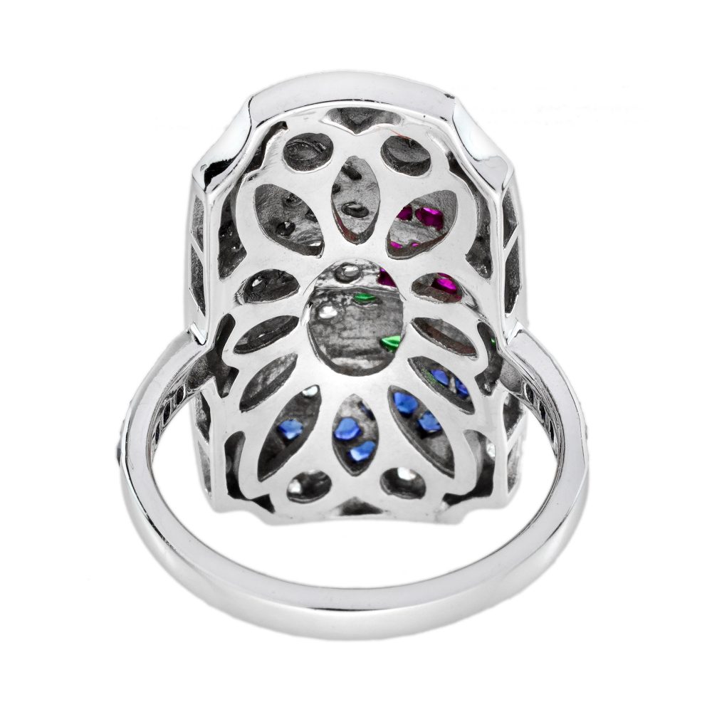 Diamond Sapphire Ruby Emerald Enamel Cluster Japanese Scenery Plaque Ring