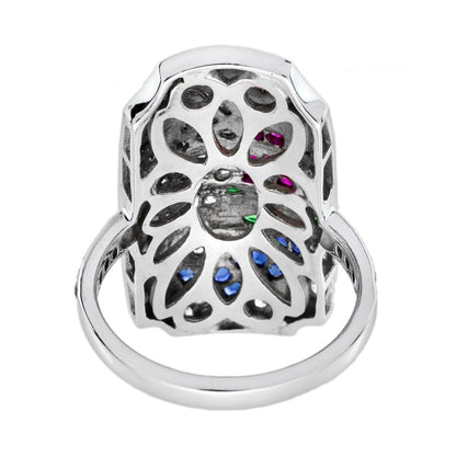 Diamond Sapphire Ruby Emerald Enamel Cluster Japanese Scenery Plaque Ring