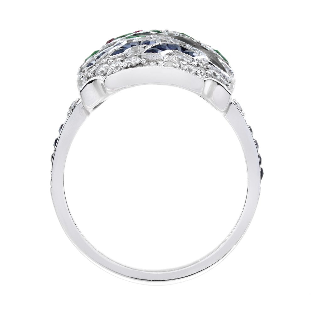 Diamond Sapphire Ruby Emerald Enamel Cluster Japanese Scenery Plaque Ring