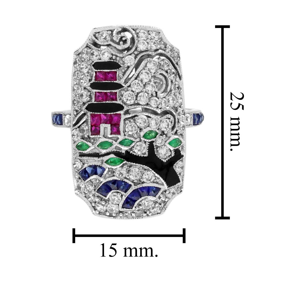 Diamond Sapphire Ruby Emerald Enamel Cluster Japanese Scenery Plaque Ring