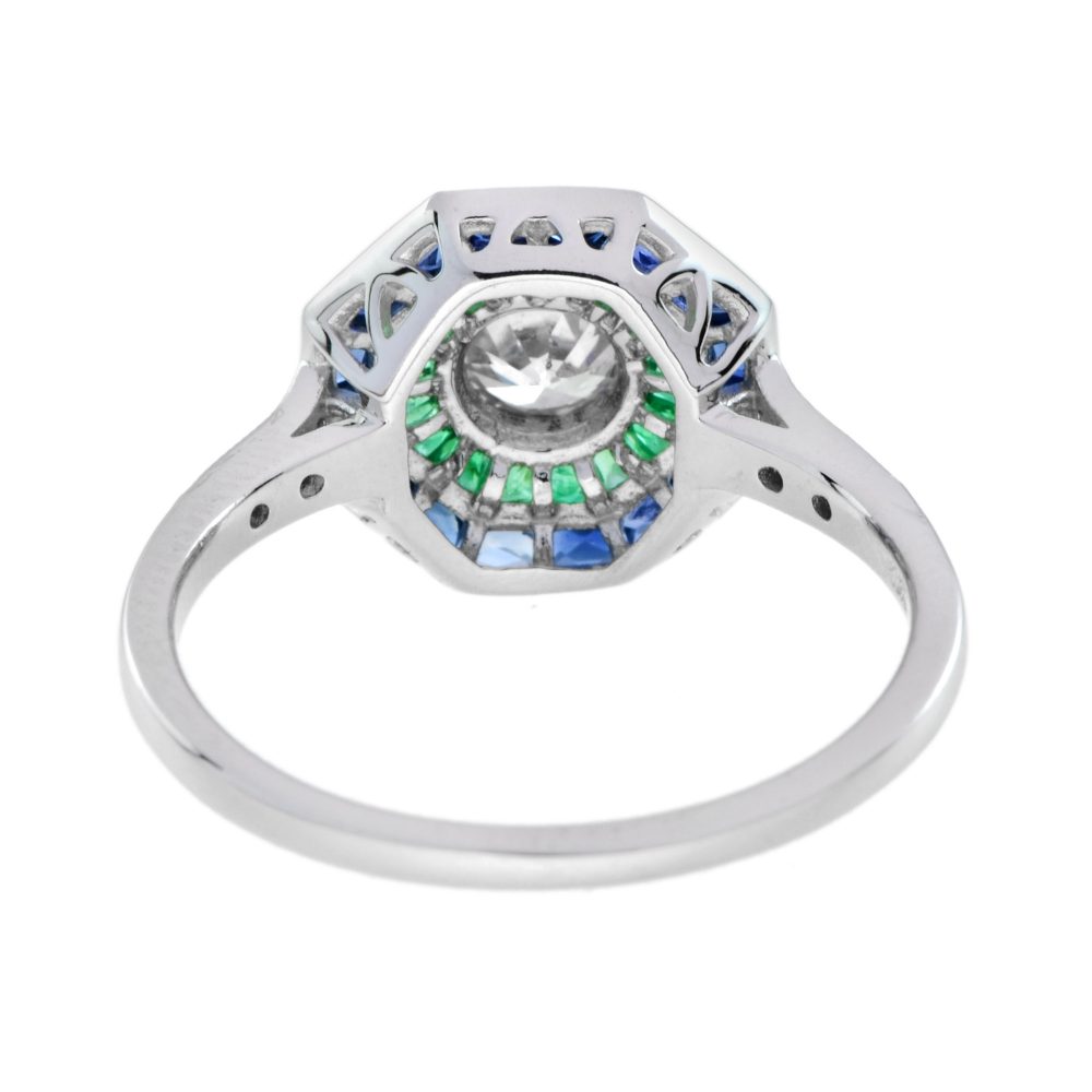 Diamond, Emerald and Sapphire Octagonal Cluster Target Ring