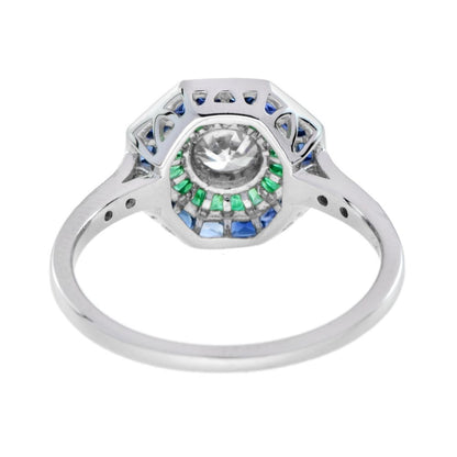 Diamond, Emerald and Sapphire Octagonal Cluster Target Ring