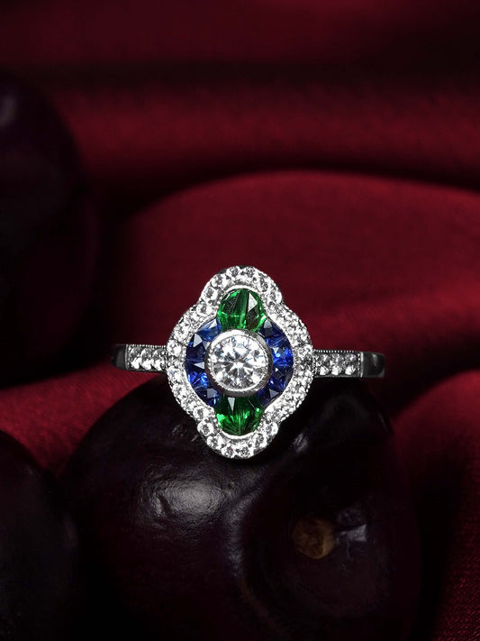 Diamond Sapphire and Emerald Cluster Engagement Ring in 18ct White Gold
