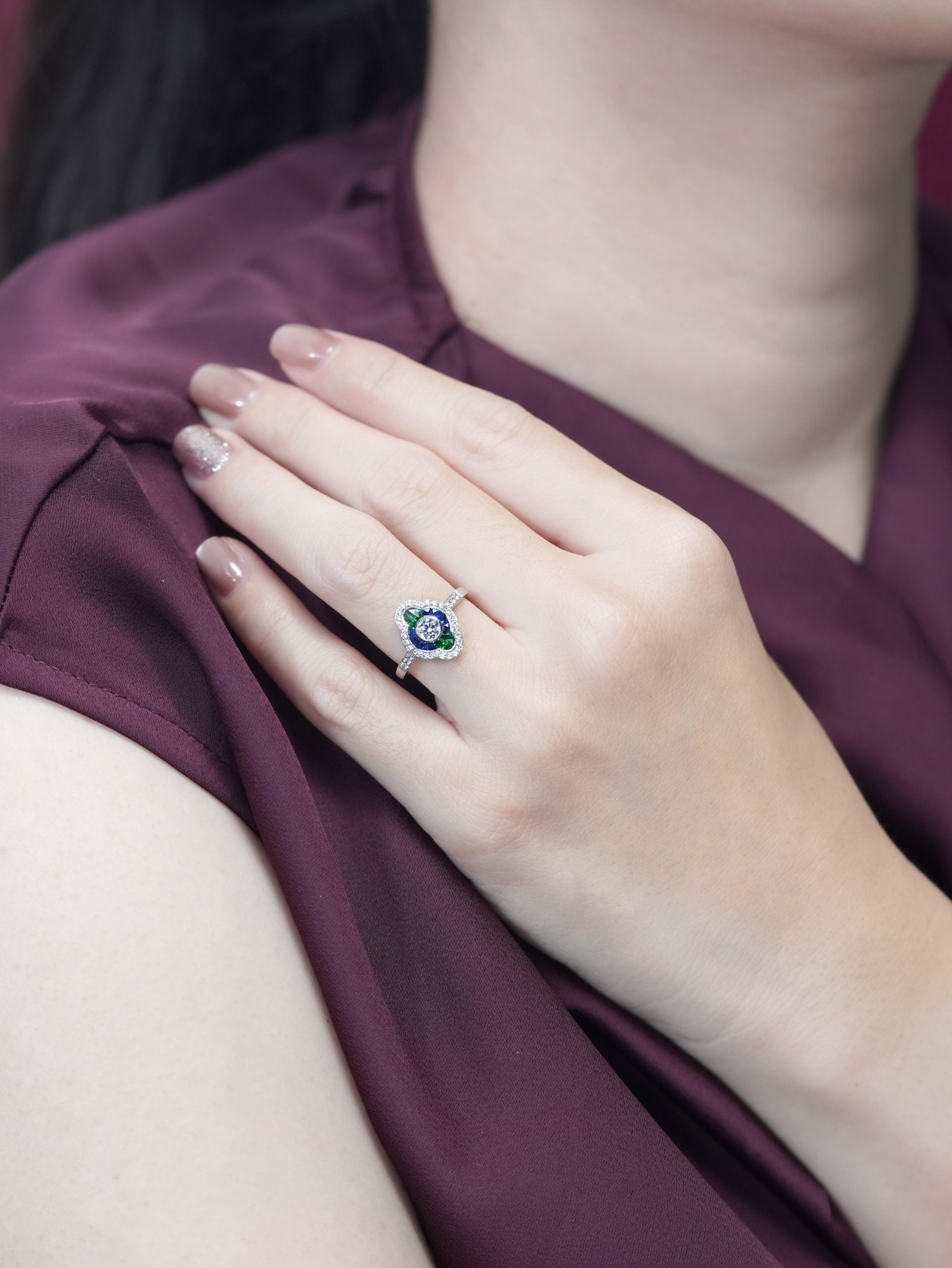 Diamond Sapphire and Emerald Cluster Engagement Ring in 18ct White Gold