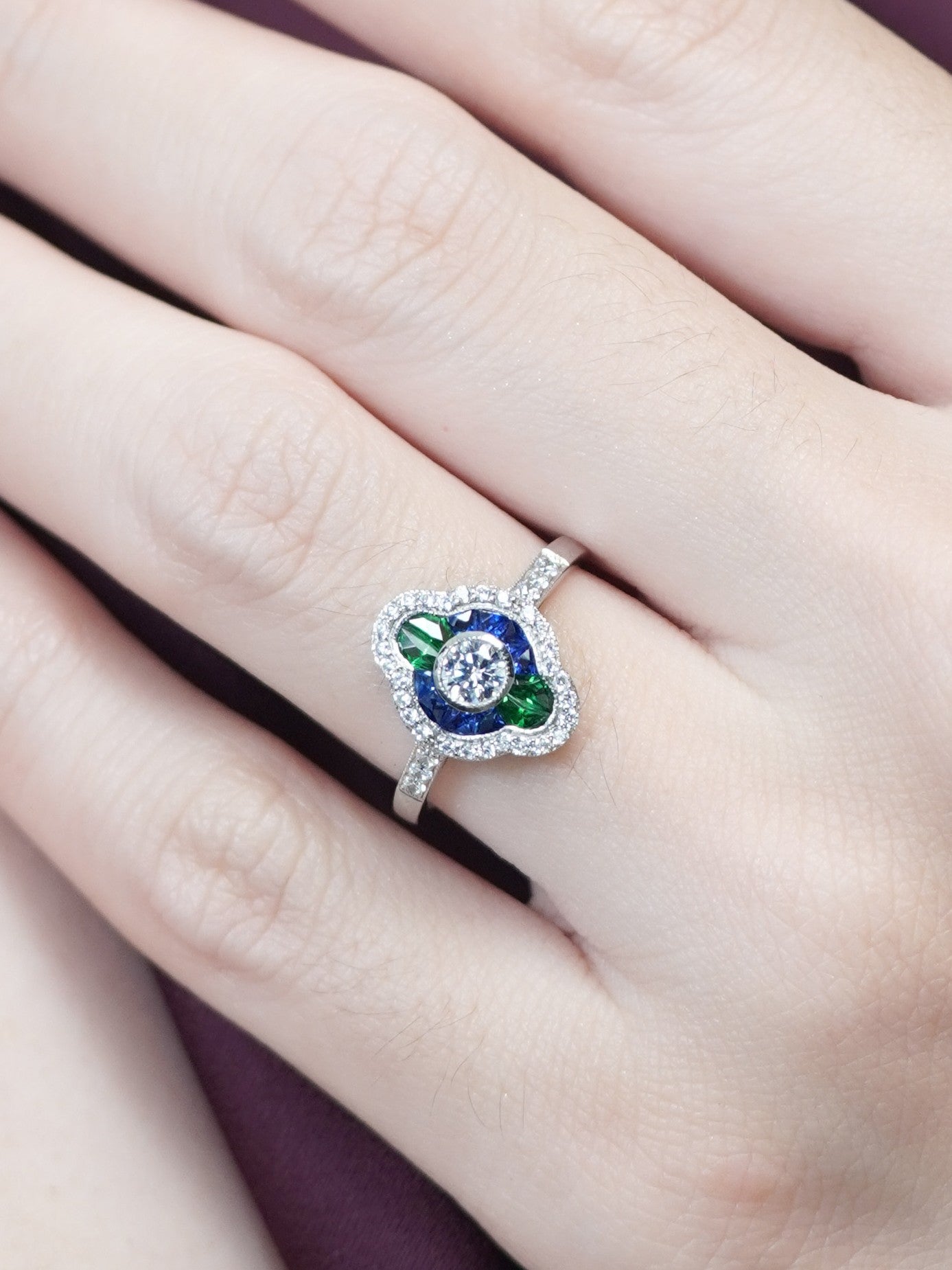 Diamond Sapphire and Emerald Cluster Engagement Ring in 18ct White Gold
