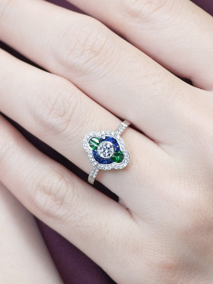 Diamond Sapphire and Emerald Cluster Engagement Ring in 18ct White Gold