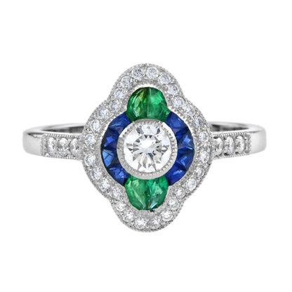 Diamond Sapphire and Emerald Cluster Engagement Ring in 18ct White Gold