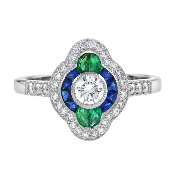 Diamond Sapphire and Emerald Cluster Engagement Ring in 18ct White Gold