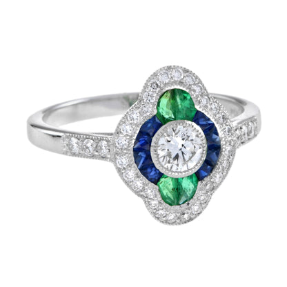 Diamond Sapphire and Emerald Cluster Engagement Ring in 18ct White Gold