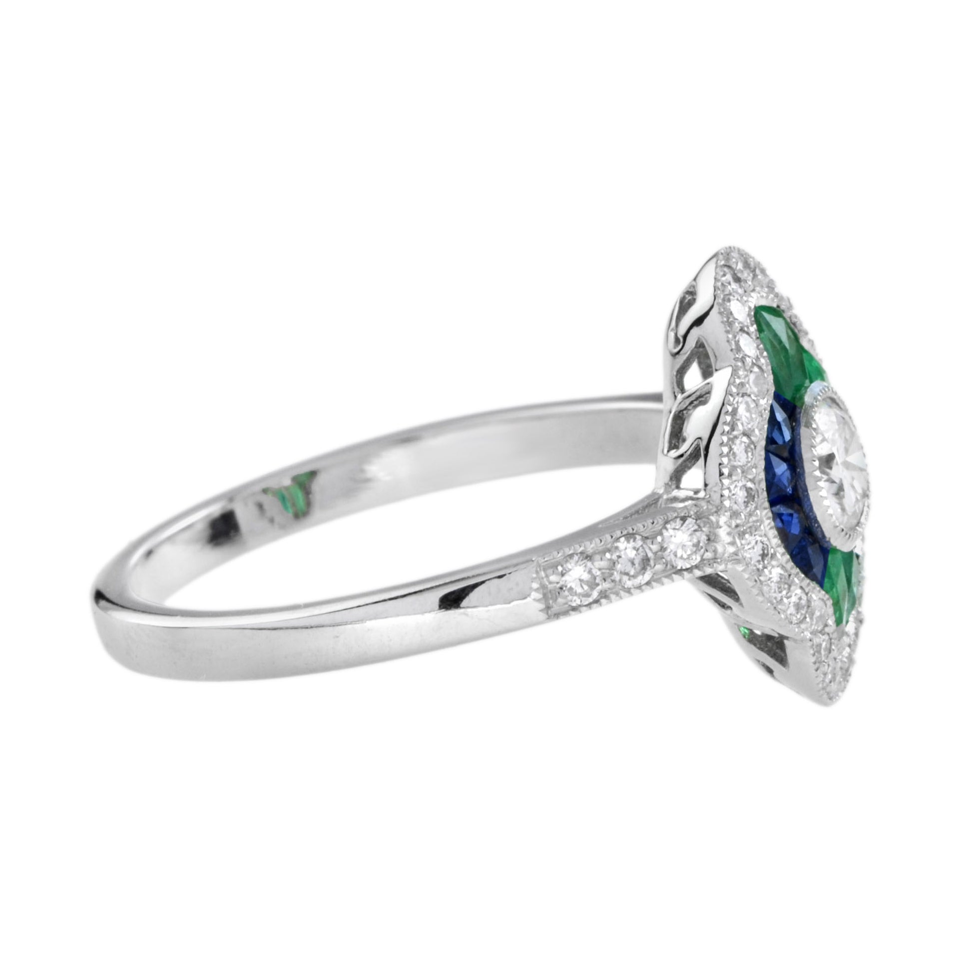 Diamond Sapphire and Emerald Cluster Engagement Ring in 18ct White Gold