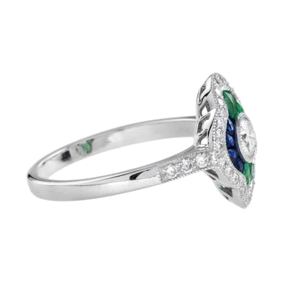 Diamond Sapphire and Emerald Cluster Engagement Ring in 18ct White Gold