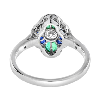 Diamond Sapphire and Emerald Cluster Engagement Ring in 18ct White Gold