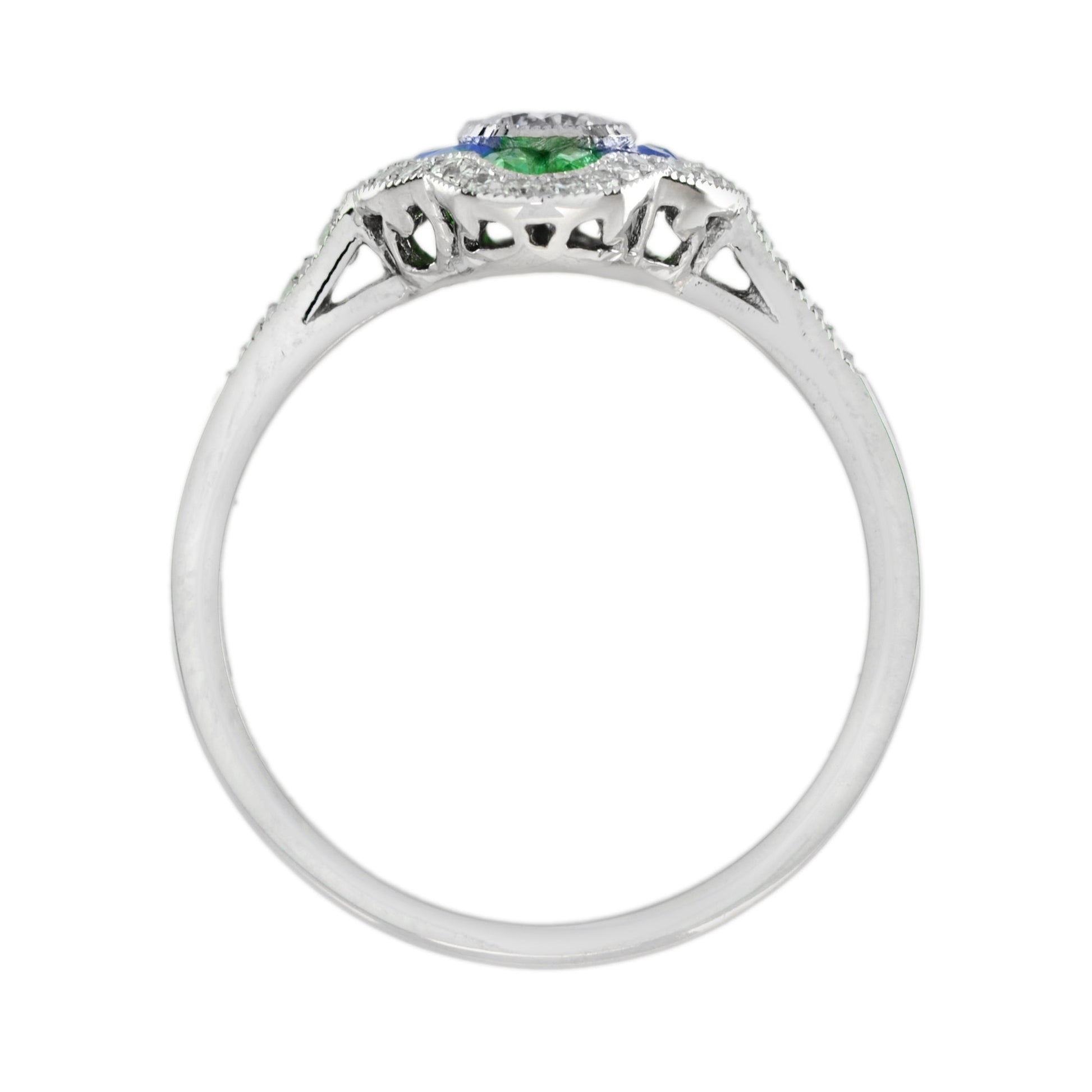 Diamond Sapphire and Emerald Cluster Engagement Ring in 18ct White Gold