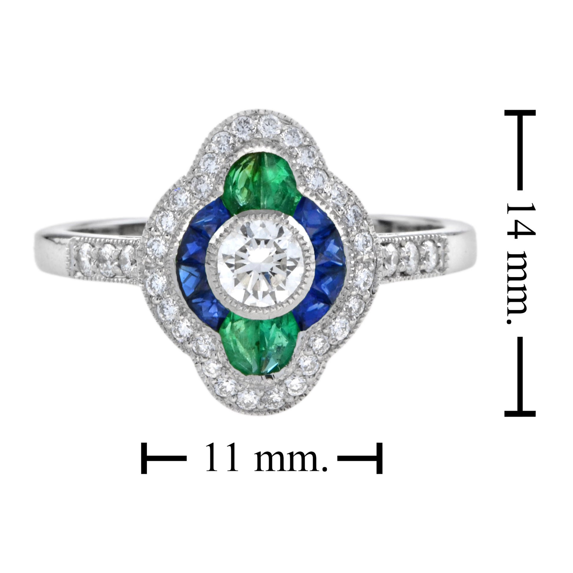 Diamond Sapphire and Emerald Cluster Engagement Ring in 18ct White Gold