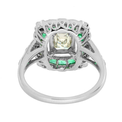 GIA Certified 1ct Emerald Cut Diamond and Emerald Cluster Engagement Ring