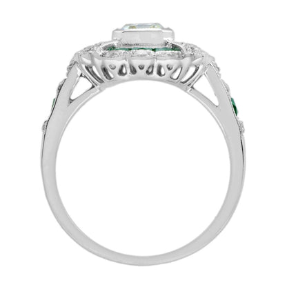 GIA Certified 1ct Emerald Cut Diamond and Emerald Cluster Engagement Ring