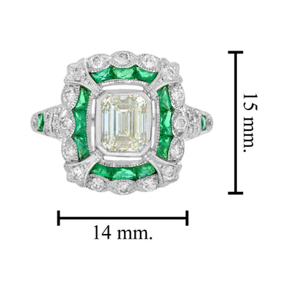 GIA Certified 1ct Emerald Cut Diamond and Emerald Cluster Engagement Ring