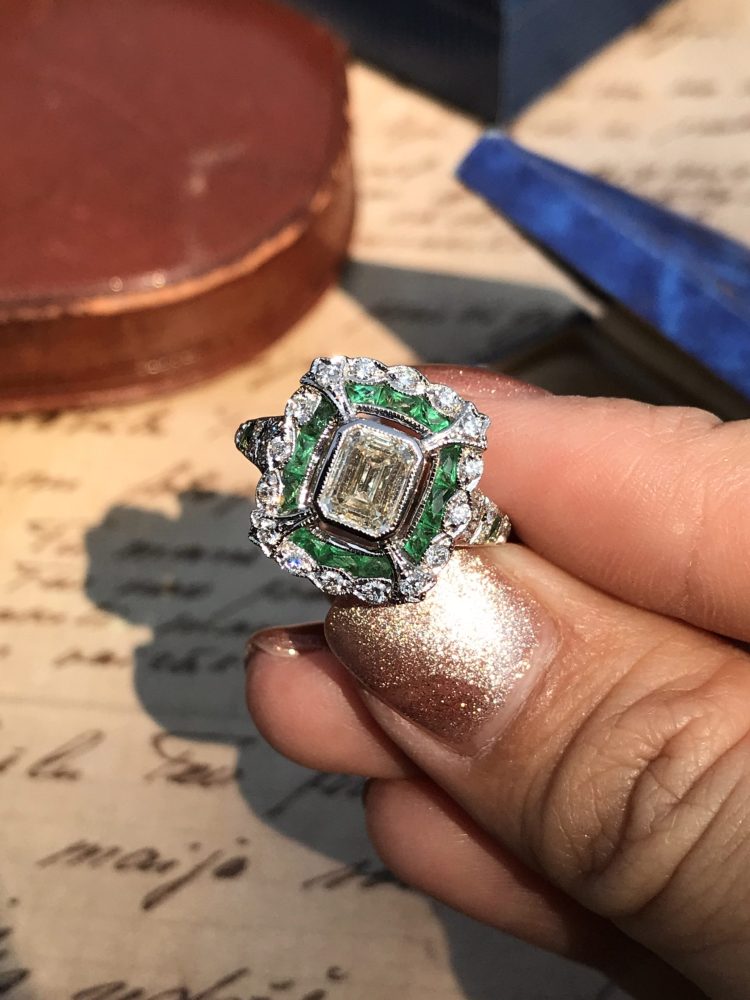 GIA Certified 1ct Emerald Cut Diamond and Emerald Cluster Engagement Ring