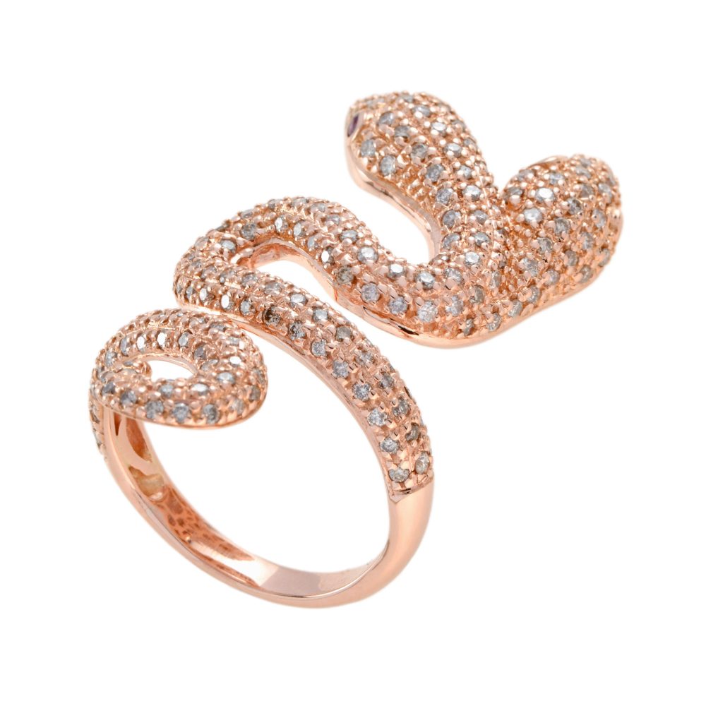 1.46ct Light Brown Fancy Colour Diamond Set 18ct Rose Gold Double Headed Snake Ring