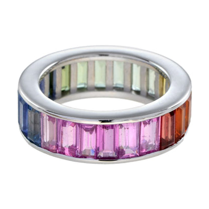 Baguette Rainbow Sapphire Full Eternity Band Ring in 18ct White Gold