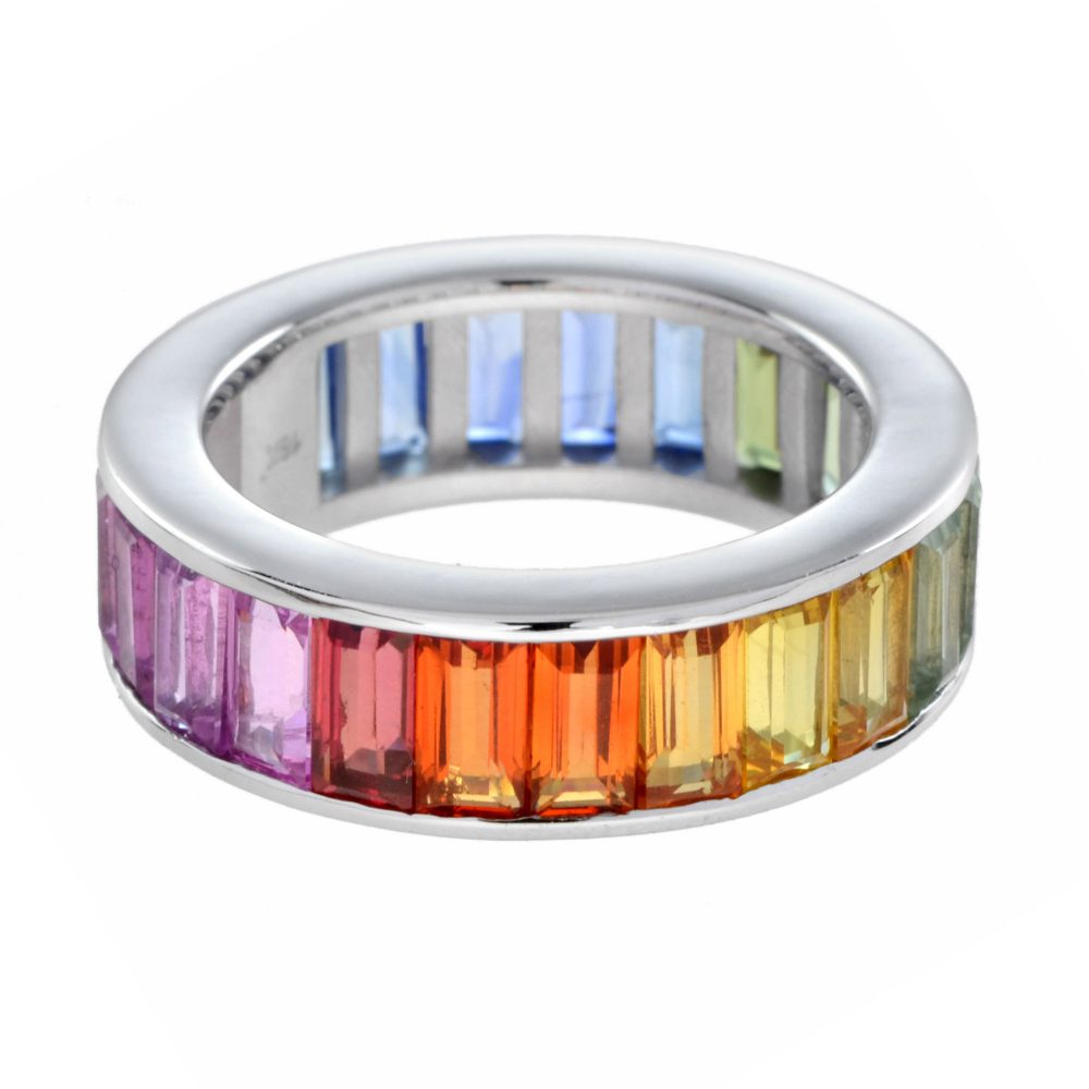 Baguette Rainbow Sapphire Full Eternity Band Ring in 18ct White Gold
