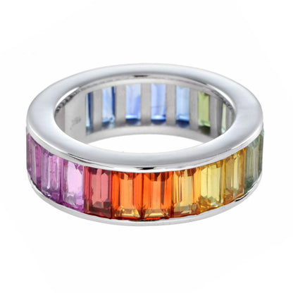 Baguette Rainbow Sapphire Full Eternity Band Ring in 18ct White Gold