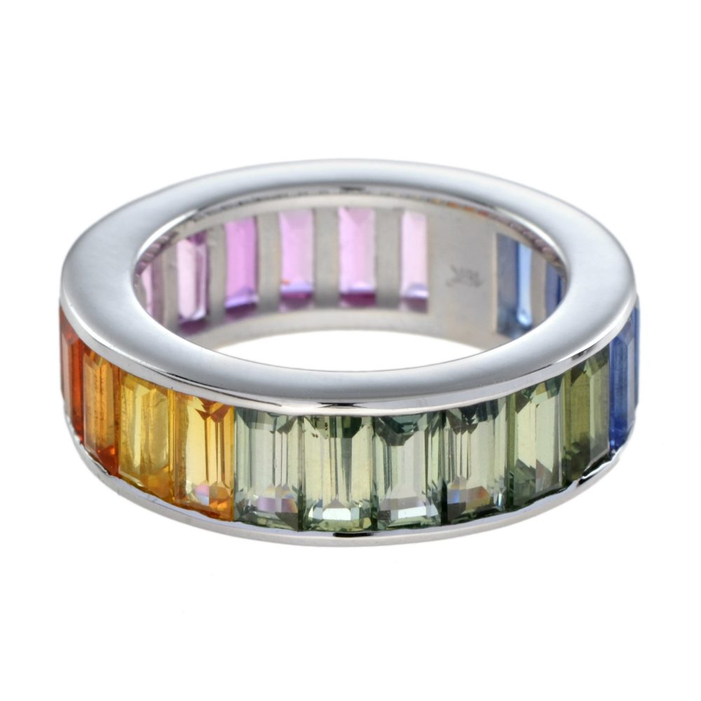 Baguette Rainbow Sapphire Full Eternity Band Ring in 18ct White Gold
