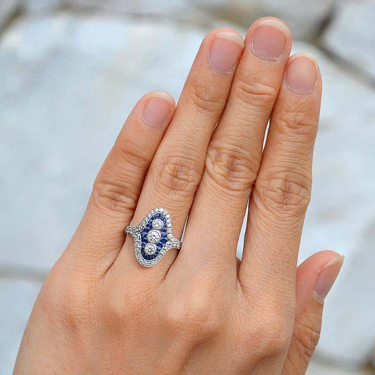 Art Deco Style Sapphire and Diamond Cocktail Dress Ring in Platinum