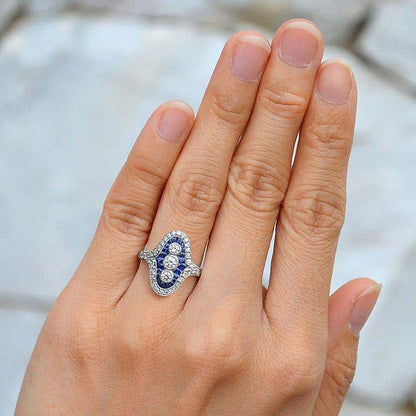 Art Deco Style Sapphire and Diamond Cocktail Dress Ring in Platinum
