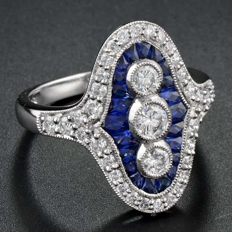Art Deco Style Sapphire and Diamond Cocktail Dress Ring in Platinum