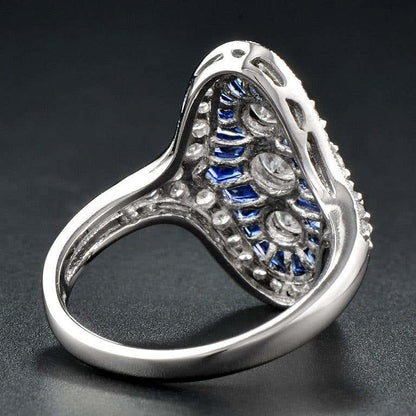 Art Deco Style Sapphire and Diamond Cocktail Dress Ring in Platinum