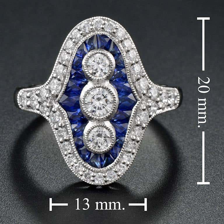 Art Deco Style Sapphire and Diamond Cocktail Dress Ring in Platinum
