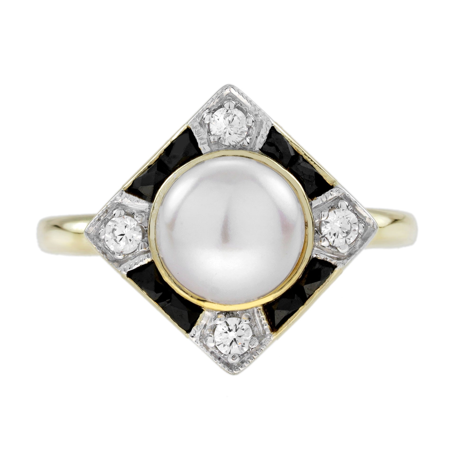 Pearl Onyx and Diamond Engagement Ring in 14ct Yellow Gold