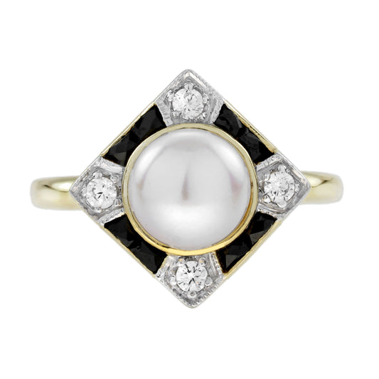 Pearl Onyx and Diamond Engagement Ring in 14ct Yellow Gold