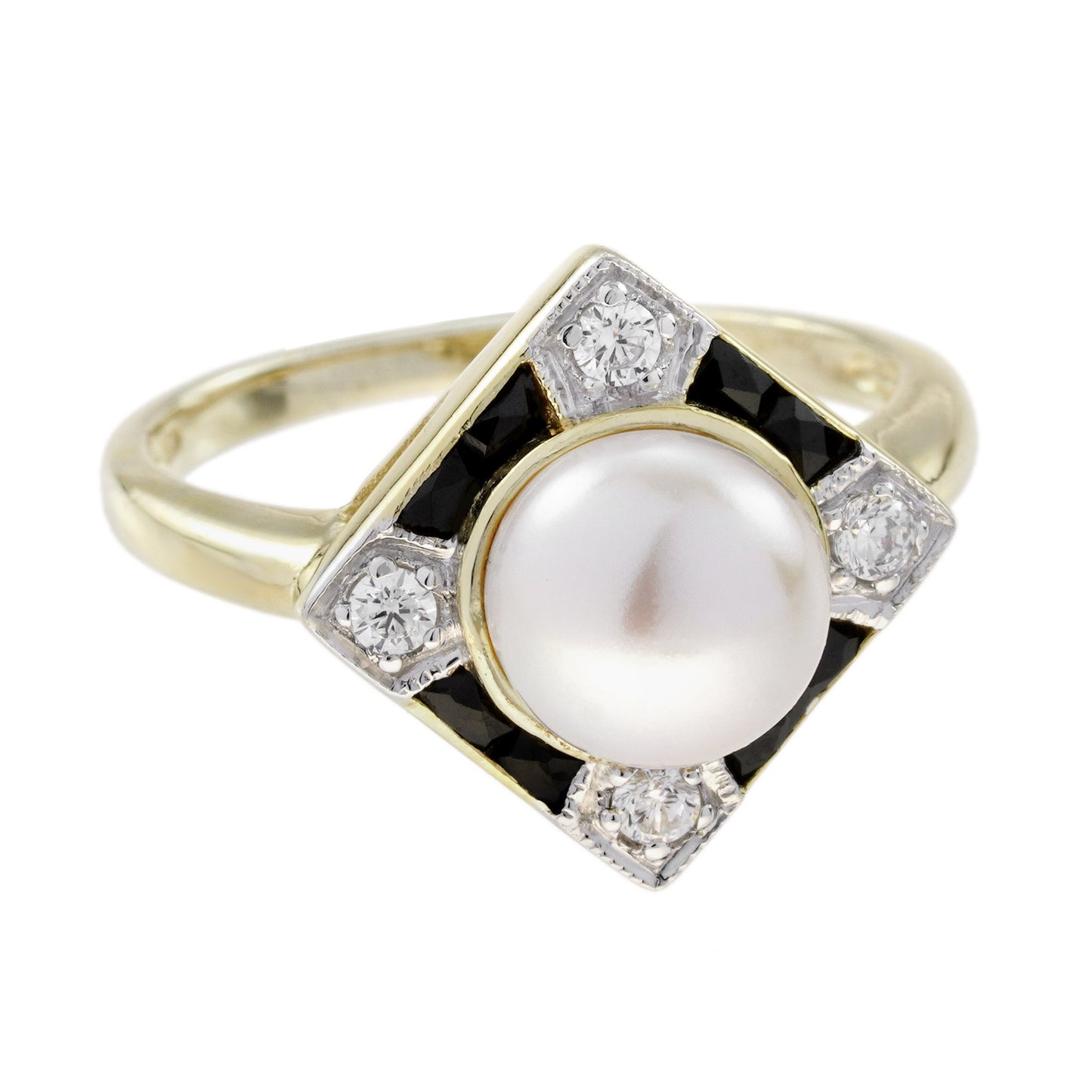 Pearl Onyx and Diamond Engagement Ring in 14ct Yellow Gold