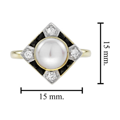 Pearl Onyx and Diamond Engagement Ring in 14ct Yellow Gold