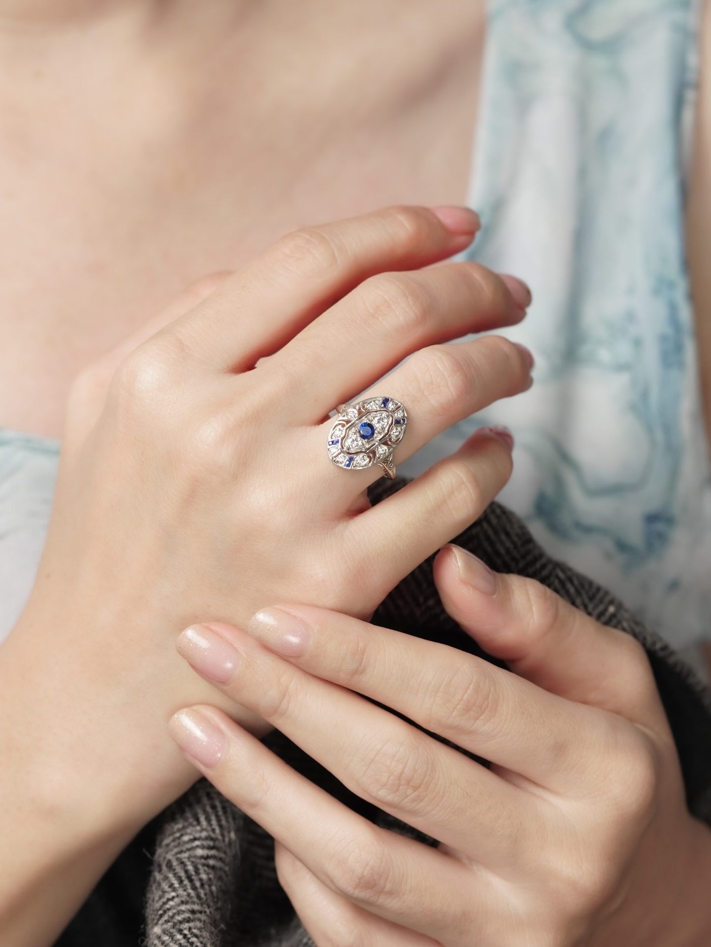 Sapphire and Diamond Three Stone Cluster Plaque Ring