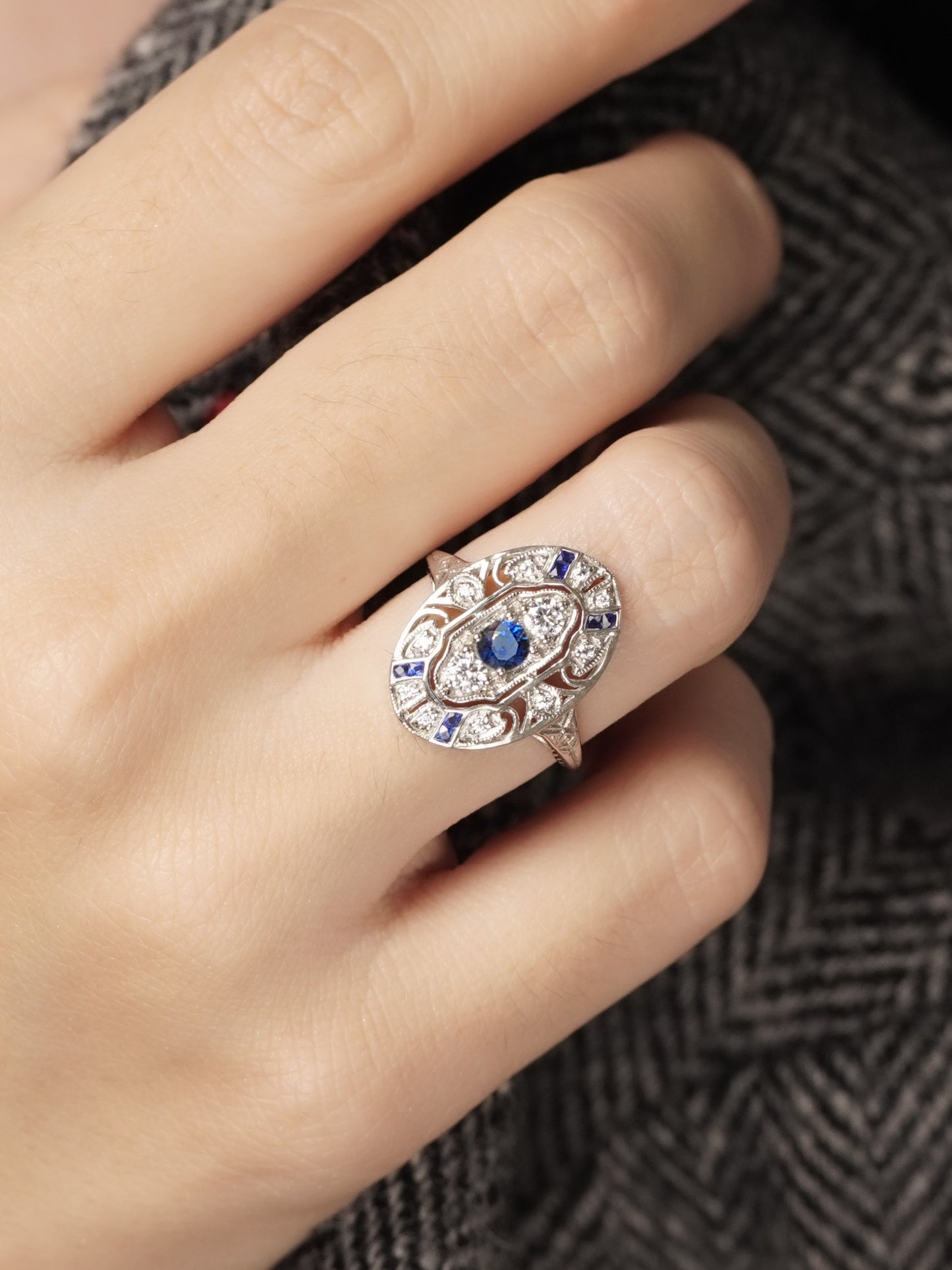 Sapphire and Diamond Three Stone Cluster Plaque Ring