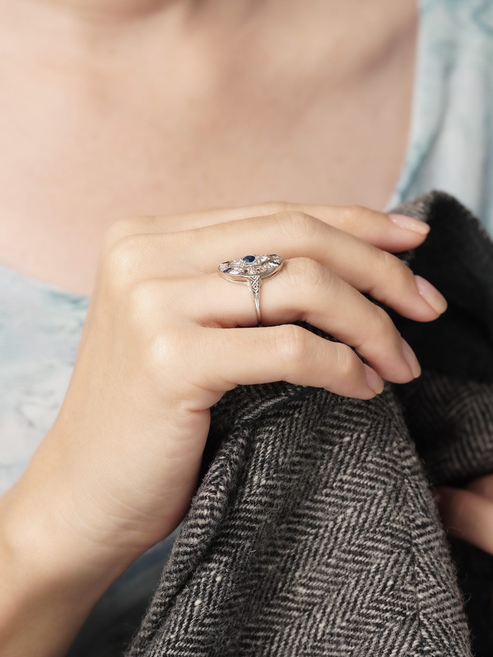 Sapphire and Diamond Three Stone Cluster Plaque Ring