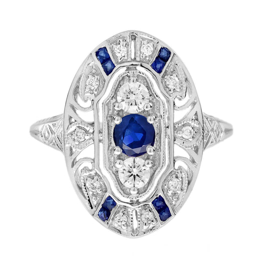 Sapphire and Diamond Three Stone Cluster Plaque Ring