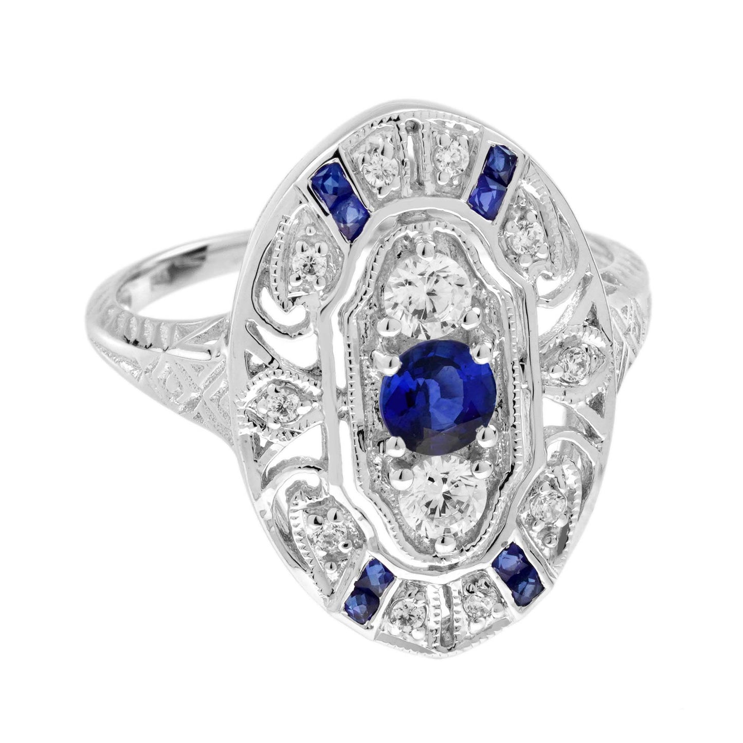 Sapphire and Diamond Three Stone Cluster Plaque Ring