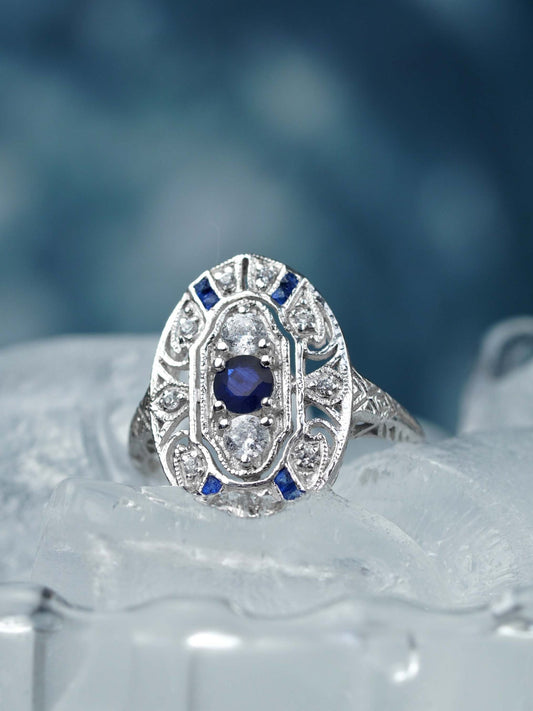 Sapphire and Diamond Three Stone Cluster Plaque Ring