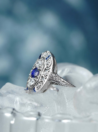 Sapphire and Diamond Three Stone Cluster Plaque Ring