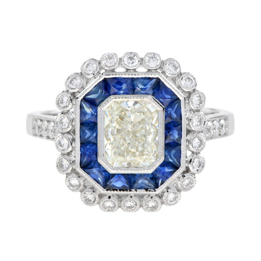 GIA Certified 1.04ct Emerald Cut Diamond and Sapphire Cluster Engagement Ring