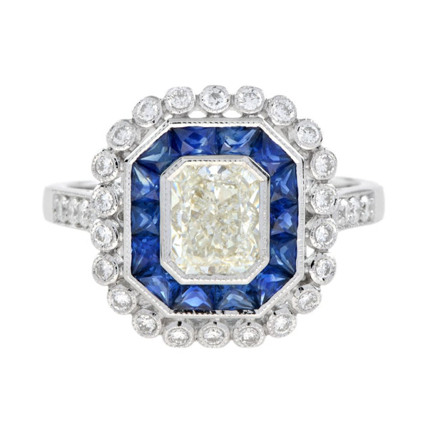 GIA Certified 1.04ct Emerald Cut Diamond and Sapphire Cluster Engagement Ring