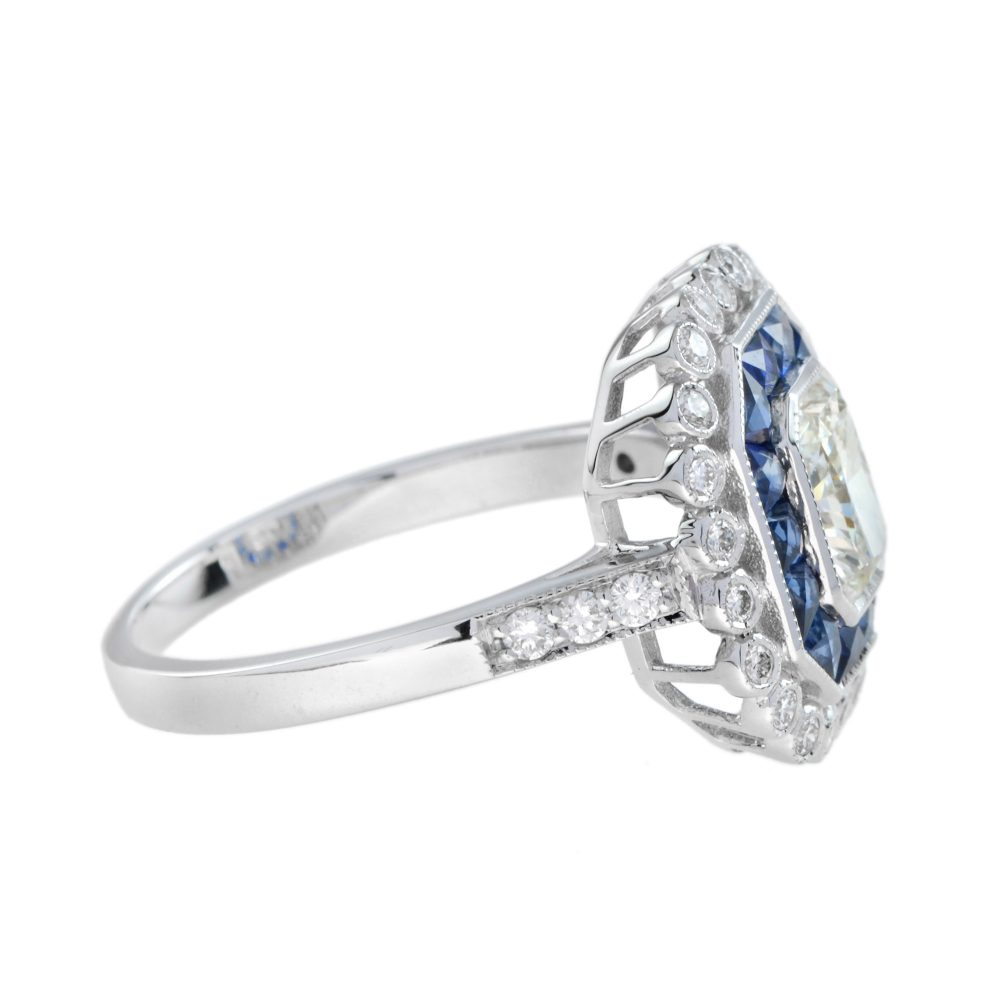 GIA Certified 1.04ct Emerald Cut Diamond and Sapphire Cluster Engagement Ring
