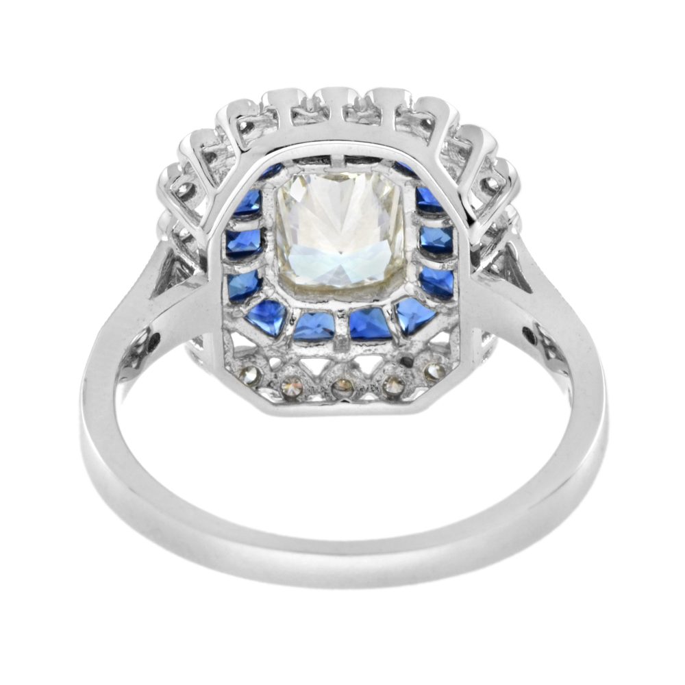 GIA Certified 1.04ct Emerald Cut Diamond and Sapphire Cluster Engagement Ring