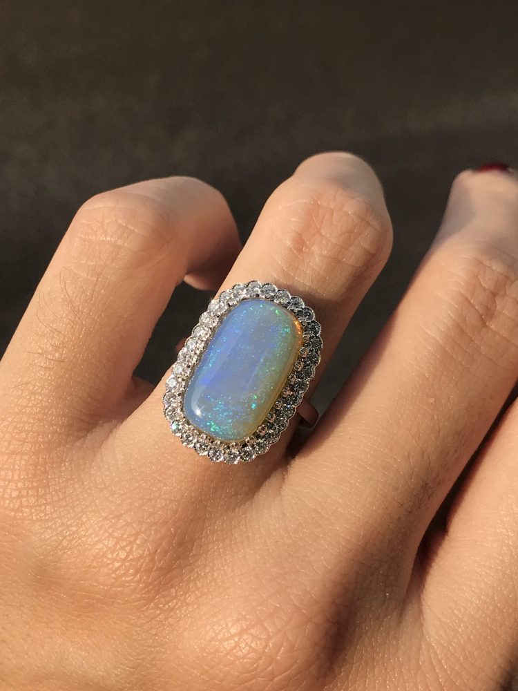5.20ct Australian Opal and Diamond Halo Cluster Dress Ring