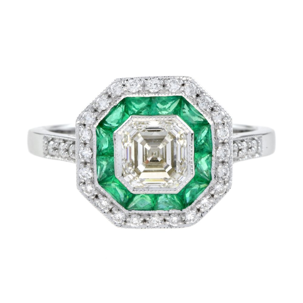 1ct Asscher Cut Diamond and Emerald Cluster Engagement Ring