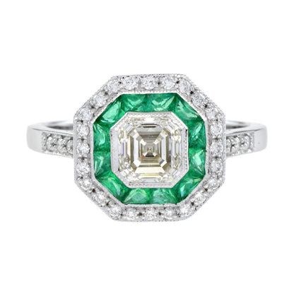 1ct Asscher Cut Diamond and Emerald Cluster Engagement Ring